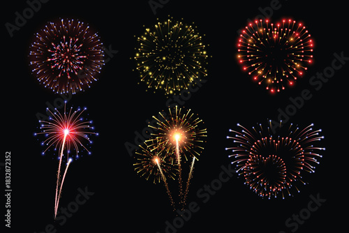 Colorful fireworks exploding in night sky.