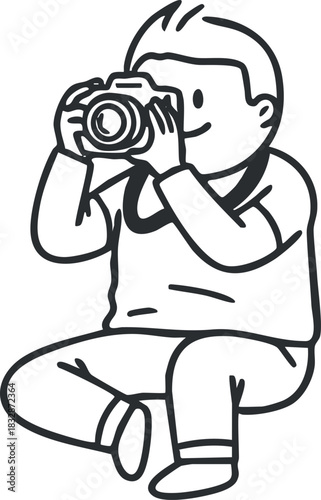 Playful vector illustration of a child sitting and taking photographs with a camera, ideal for creative and educational projects