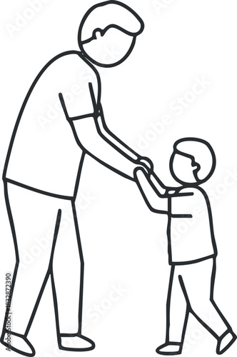 Outline vector illustration of a parent and child holding hands, symbolizing love and support in family relationships
