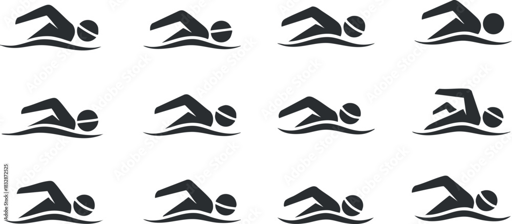Obraz premium Set of minimalist black and white vector icons depicting various swimming strokes for fitness and sports design projects