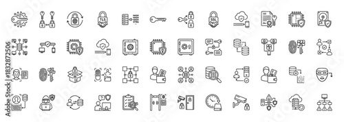Data security and cyber protection line icon set. Vector pictograms of fingerprint, key, lock, shield, and server, thin linear illustration.