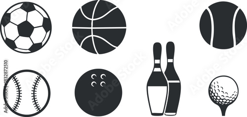 Set of minimalist black and white vector icons representing various sports equipment including soccer, basketball, tennis, baseball, bowling, and golf.