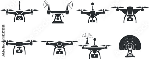 Set of minimalist black and white vector icons depicting various drone designs and communication signals for technology-related projects
