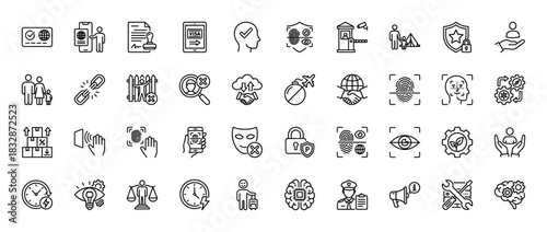 Security and immigration line icon set. Vector pictograms of passport, visa, fingerprint, lock, and shield, thin linear illustration.
