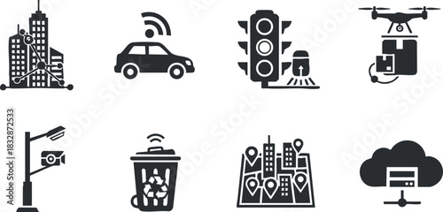 Stylish vector icon set featuring urban elements like buildings, traffic signals, drones, and smart technology for modern city concepts