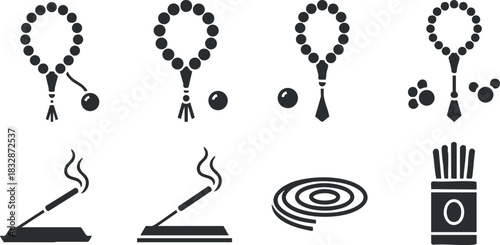Set of minimalist black vector icons featuring rosary beads, incense sticks, and associated spiritual symbols for meditation and religious practices