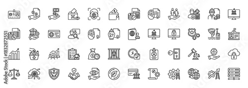 Government, law, and finance line icon set. Vector pictograms of identification, contracts, secure data, and regulations, thin linear illustration.