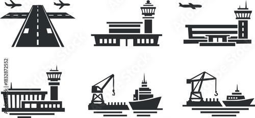Flat design vector icons set depicting airport elements, including runway, control towers, and shipping cranes for transportation themes