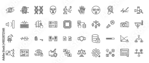 Biometric security and data privacy line icon set. Vector pictograms of fingerprint, dna, face scan, data protection, and authentication, thin linear illustration.