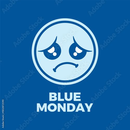 Blue Monday poster with sad face vector illustration. Emoticon with unhappy face icon. Depressed emoji round symbol. Template for background, banner, card. The most depressing day of the year