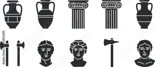 Set of minimalist black and white vector icons featuring ancient Greek artifacts, including vases, columns, and sculptures for cultural design projects