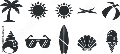Stylized black and white vector icon set featuring beach-themed elements like palm trees, sun, surfboards, and ice cream for summer designs