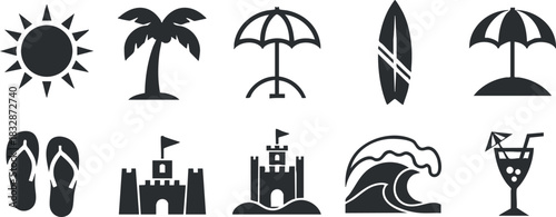 Vector icon set featuring summer beach elements like sun, palm tree, surfboard, and cocktail for vacation designs