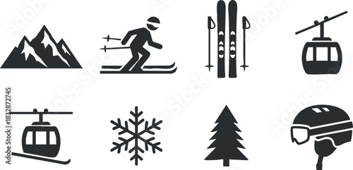 Set of minimalist black and white vector icons depicting skiing, mountains, ski lifts, and winter sports elements for branding and design projects