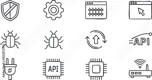 Modern flat design vector icon set featuring technology symbols including API, network, bugs, and hardware elements for software projects