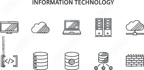 Outline vector icon set representing information technology concepts including cloud computing, servers, and databases for digital design projects.