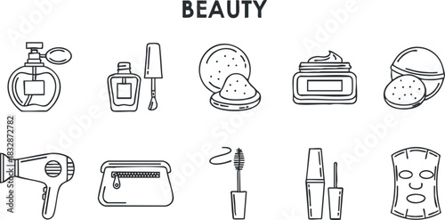 Minimalist line art vector illustration of beauty and skincare items, perfect for branding and design projects.