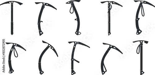 Collection of black silhouette vector illustrations of climbing ice picks for outdoor adventure and winter sports equipment