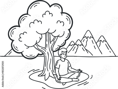 Outline vector illustration of a person meditating under a tree with mountains in the background, representing peace and mindfulness.