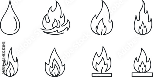 Outline vector icons of flames and water droplets, suitable for fire safety concepts, branding, and graphic design projects