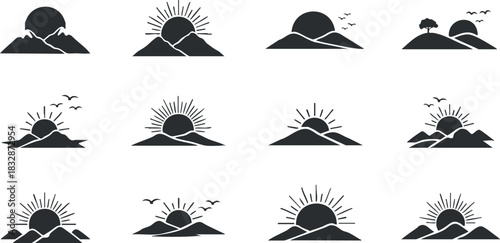 Set of minimalist black and white vector icons depicting sunrises and sunsets over mountains, perfect for nature-themed projects