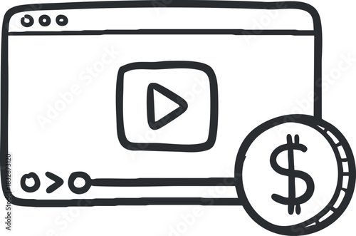 Outline vector illustration of a video play button and dollar sign, representing video monetization for digital content and online platforms
