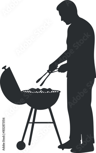 Silhouette vector illustration of a man grilling food on a barbecue for outdoor cooking and summer gatherings