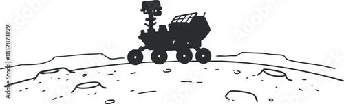 Minimalist black and white vector illustration of a lunar rover exploring the moon's surface for science and research projects