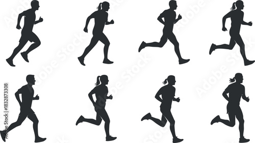 Silhouette vector illustration set of diverse runners in various poses for fitness and sports branding projects