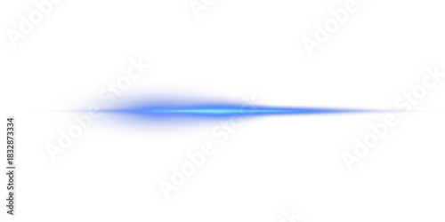 Blue neon light line with glowing effect and lens flare on transparent background. Abstract horizontal laser beam with sparkles.
