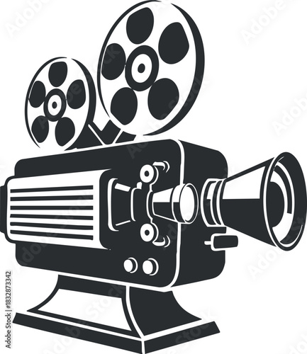Vintage black and white vector illustration of a film projector, ideal for cinema-themed designs and media projects