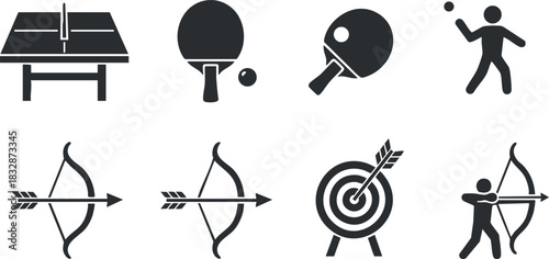 Set of minimalist black and white vector icons depicting sports activities including ping pong and archery for design projects