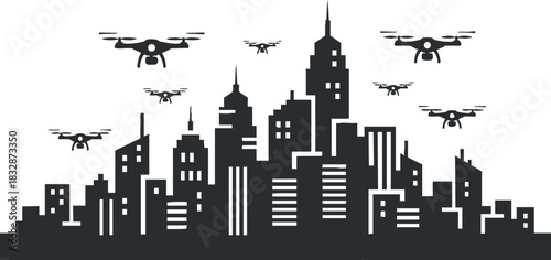 Stylized black and white vector illustration of a city skyline featuring flying drones, ideal for technology and urban design projects