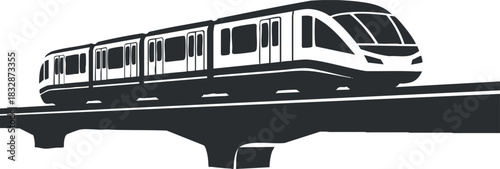Stylized black and white vector illustration of a modern train traveling over a bridge, suitable for transport and urban design projects