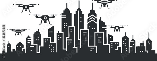 Stylized black and white vector illustration of a city skyline with drones flying overhead for technology and urban design projects