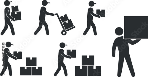 Silhouette vector icon set depicting various warehouse workers handling boxes, ideal for logistics and delivery services.