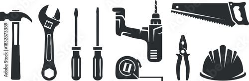 Silhouette vector icon set featuring various tools including a hammer, wrench, and safety hard hat for construction and repair projects