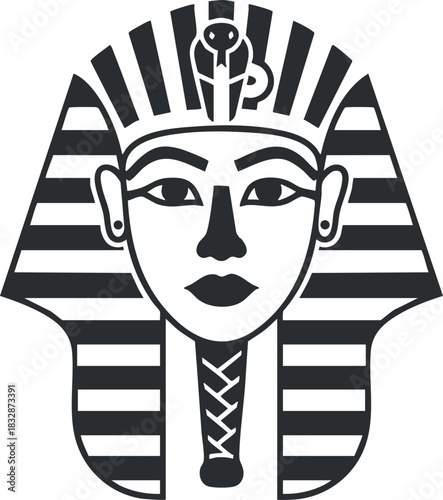 Stylized black and white vector illustration of an Egyptian pharaoh's face, ideal for cultural and historical design projects