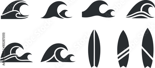 Stylized vector icon set of waves and surfboards in a modern black and white design for beach-themed projects