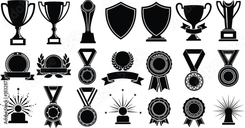Collection of black silhouette icons representing various award symbols like trophy cup shield medal and badge