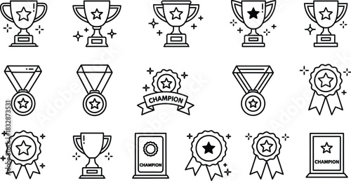 Collection of black and white line art icons representing various award trophies, medals, and champion ribbons