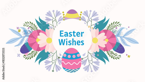 Happy easter wishes greeting card with colorful floral elements and decorative easter eggs in a whimsical springtime arrangement