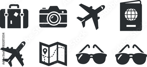 Set of minimalist black and white vector icons featuring travel essentials such as suitcase, camera, airplane, passport, and sunglasses for travel-themed projects