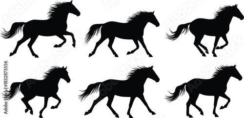 Set of six black silhouette illustrations of horses galloping and trotting