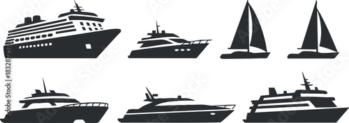 Collection of minimalist black and white vector illustrations showcasing various yachts and sailboats for nautical themes and design projects