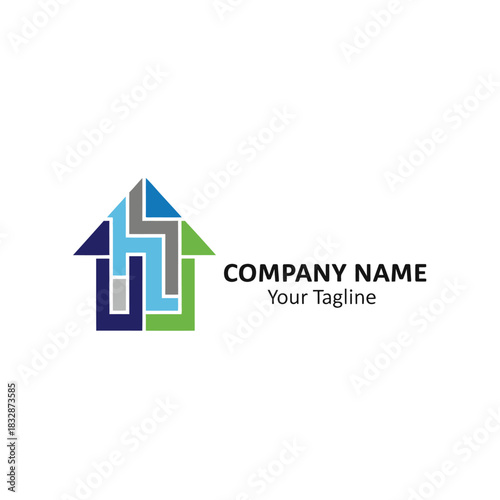 Colorful Abstract House Logo Design with Geometric Shapes and Modern Typography.