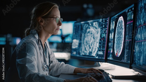 AI-Powered Doctor Analyzing Medical Images An advanced artificial intelligence system assisting a physician by interpreting complex radiological scans with precision