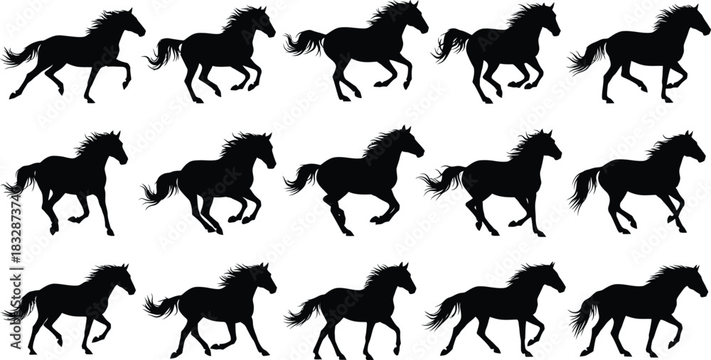 Fototapeta premium Collection of fifteen black silhouette icons depicting a horse in various stages of running motion