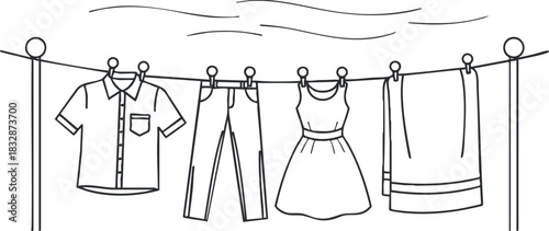 Minimalist line art vector illustration of clothing items hanging on a clothesline, ideal for home and fashion design projects