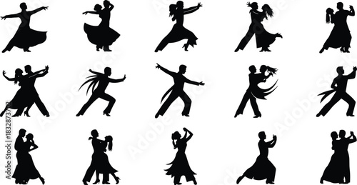 Collection of black silhouette icons representing various ballroom and latin dance poses